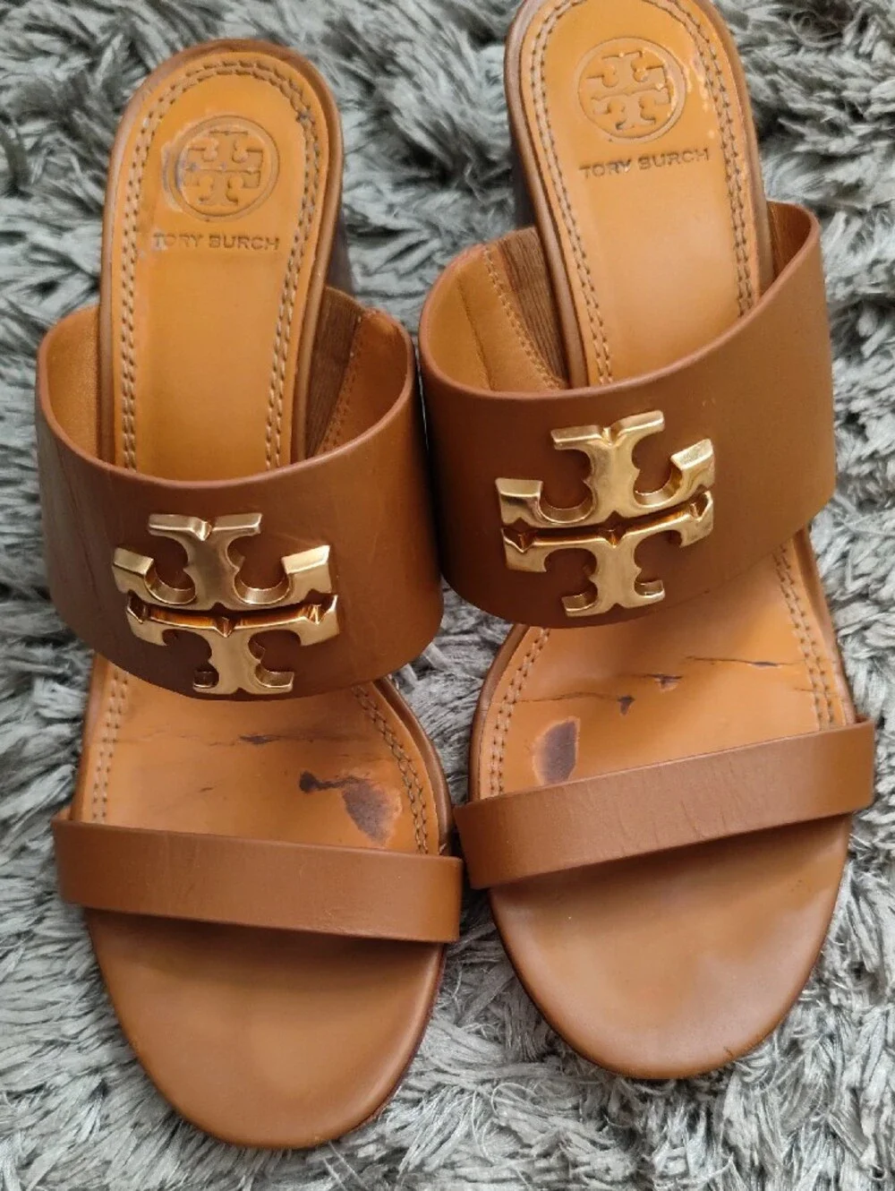 Tory Burch Brown Leather Slide Sandals with Gold Logo